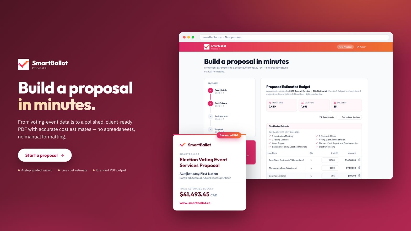 SmartBallot Proposal AI — Build a proposal in minutes. From voting-event details to a polished, client-ready PDF with accurate cost estimates.