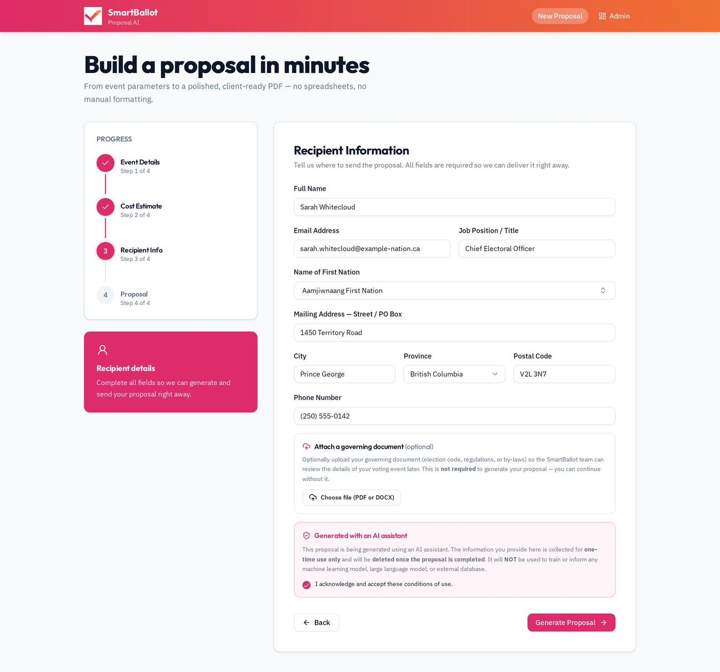 Recipient information step in Vote-Estimate